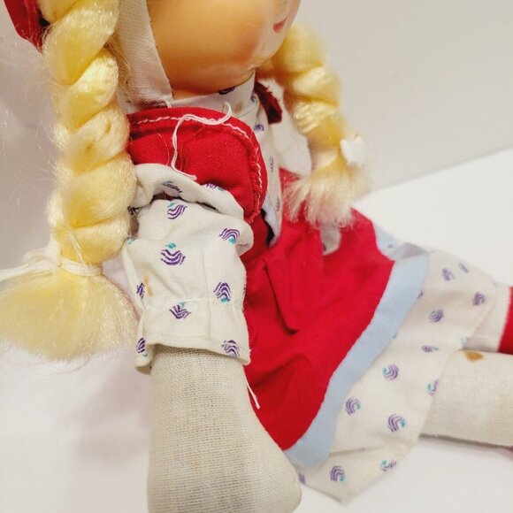 Vtg Rag Doll With Red Dress Hat Patterned Shirt Blonde Braided Hair Red Shoes - Picture 5 of 8